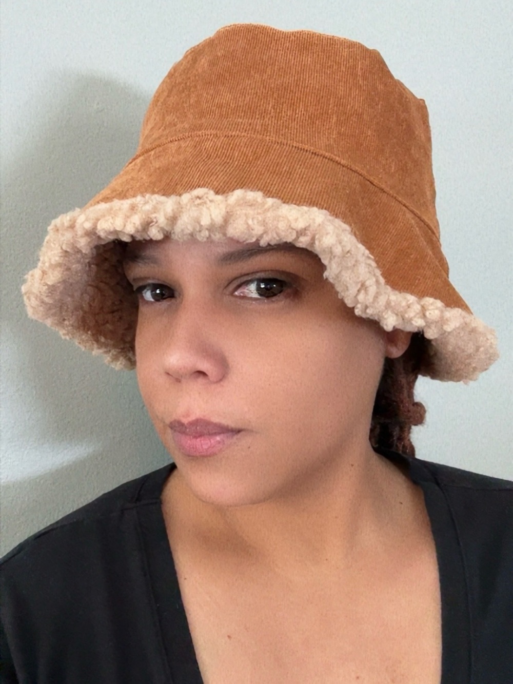 Tan Corduroy Bucket Hat with Sherpa Trim - Picture 3 of 3